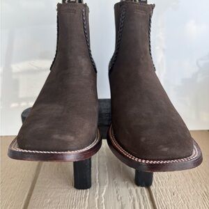 Brown Chelsea Boots with Sculptural Heel and Contrast Stitching